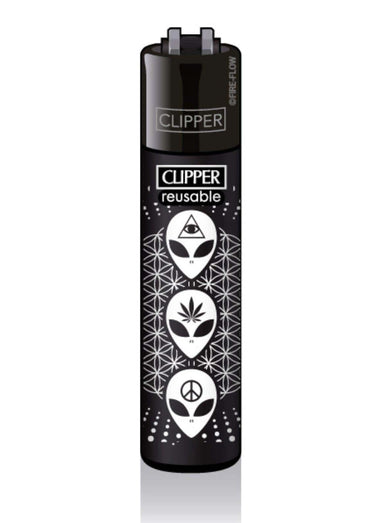 Schwarzes clipper feuerzeug nachfüllbar mit weißem alien heads design und geometrischen mustern 3 alien heads 420