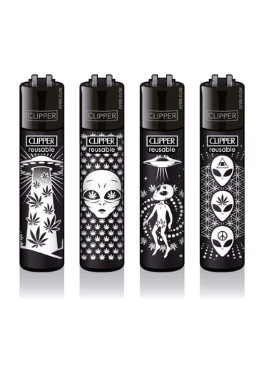 Schwarze clipper wiederverwendbare feuerzeuge mit weißen alien, ufo und cannabis designs im 420 aliens #2 set, gothic stil