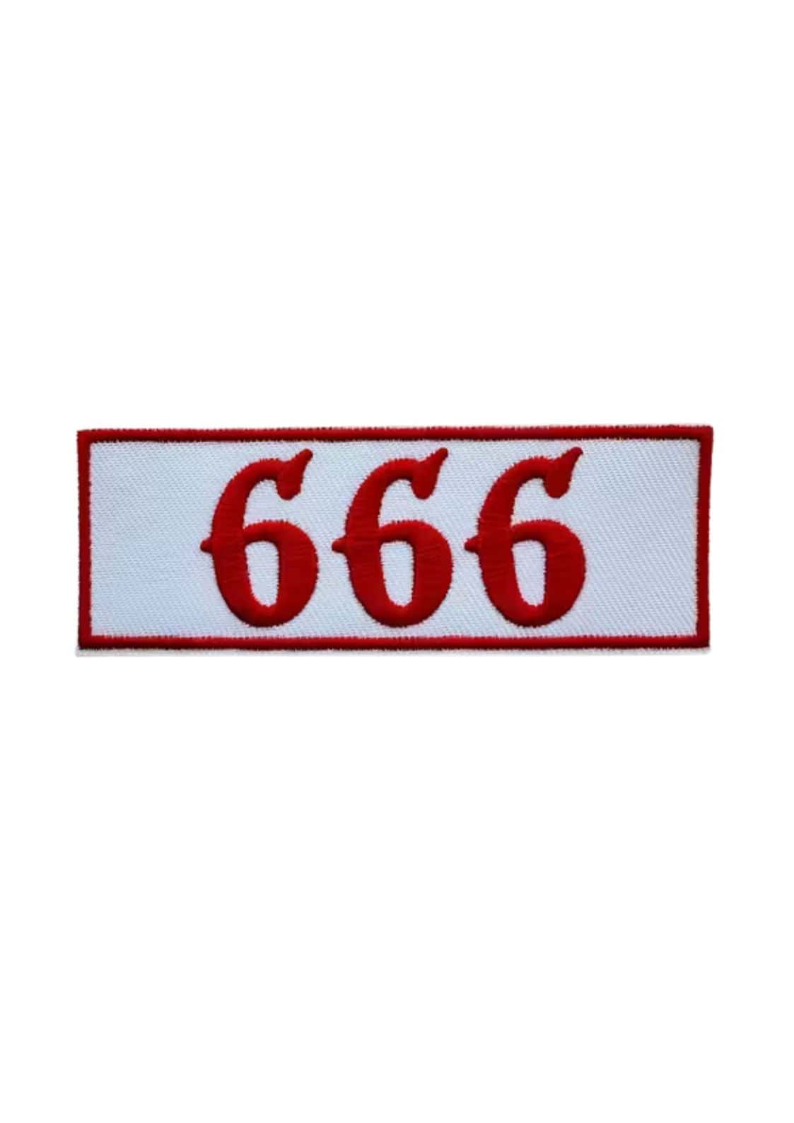 Embroidered 666 patch with red white gothic border perfect for horror fashion accessories