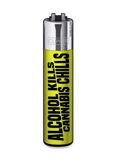 Gelbes clipper feuerzeug alcohol kills cannabis chills mit schwarz gothic horror text für gothic kleidung fans