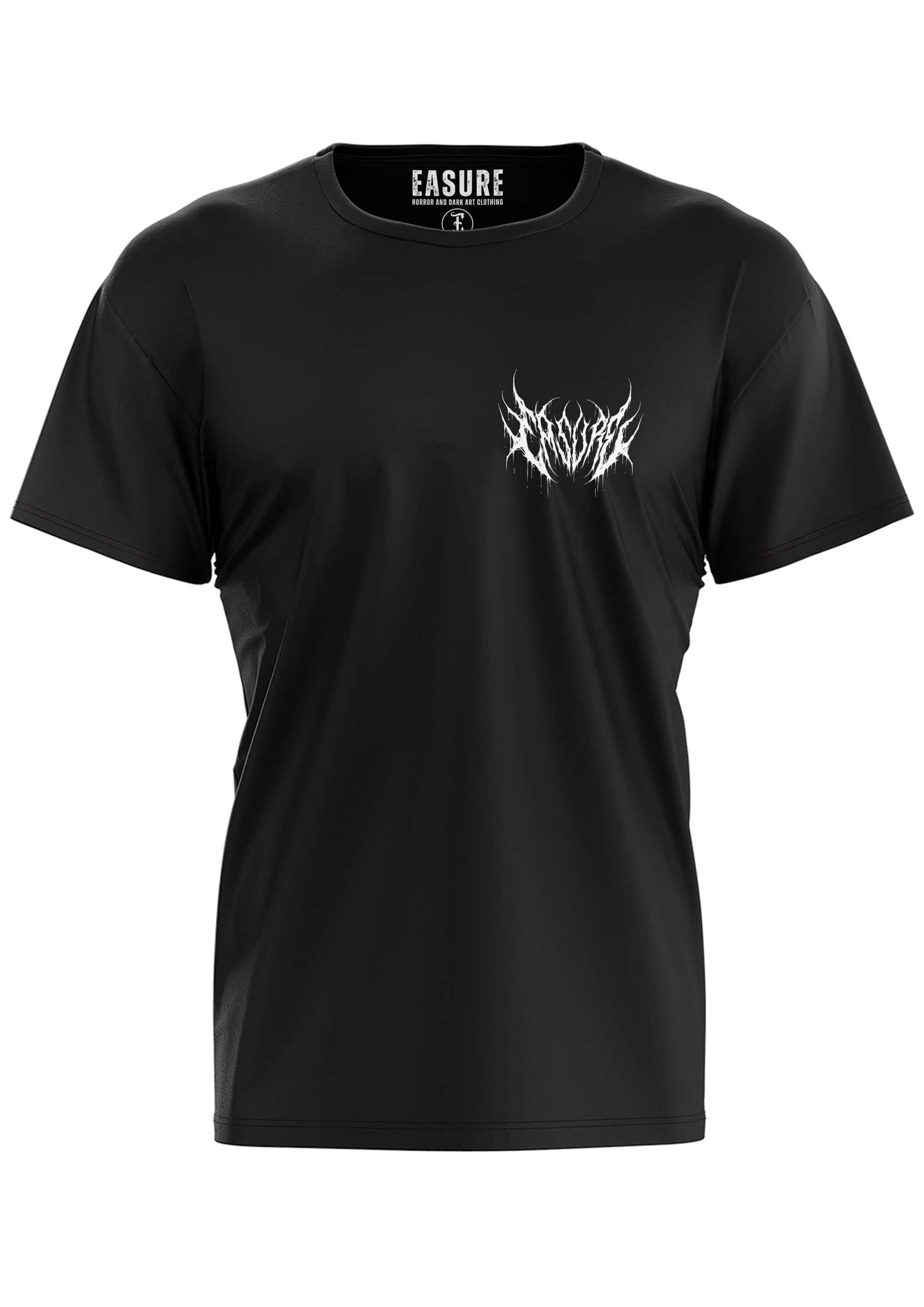 Schwarzes kurzarmshirt mit weißem, stilisiertem gothic horror grafikprint auf der linken brust alighty backprint shirt