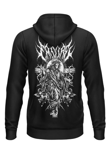 Schwarzer zip-up hoodie mit gothic bitte grafik eines gekrönten bärtigen gehängten auf einem kreuz mit engeln