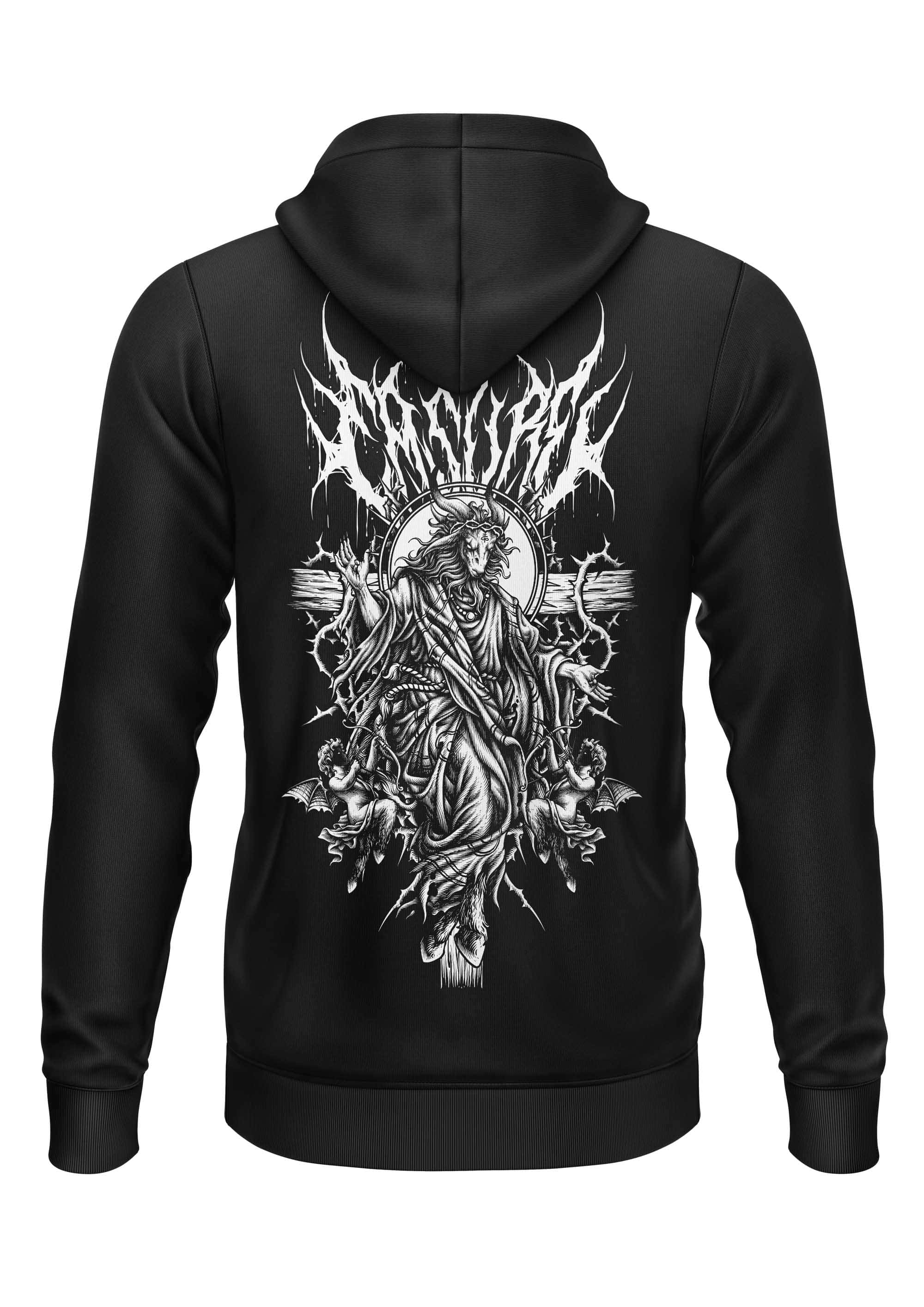 Schwarzer zip-up hoodie mit gothic bitte grafik eines gekrönten bärtigen gehängten auf einem kreuz mit engeln