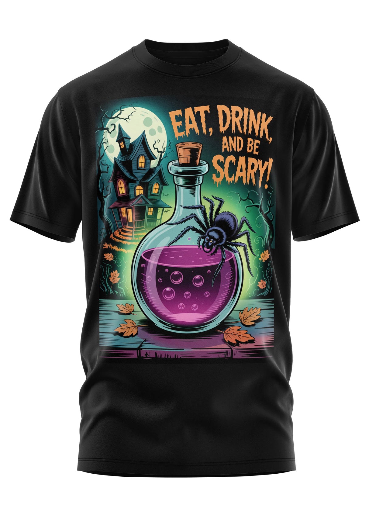 Schwarzes Kurzarm-T-Shirt mit einer Halloween-Grafik.