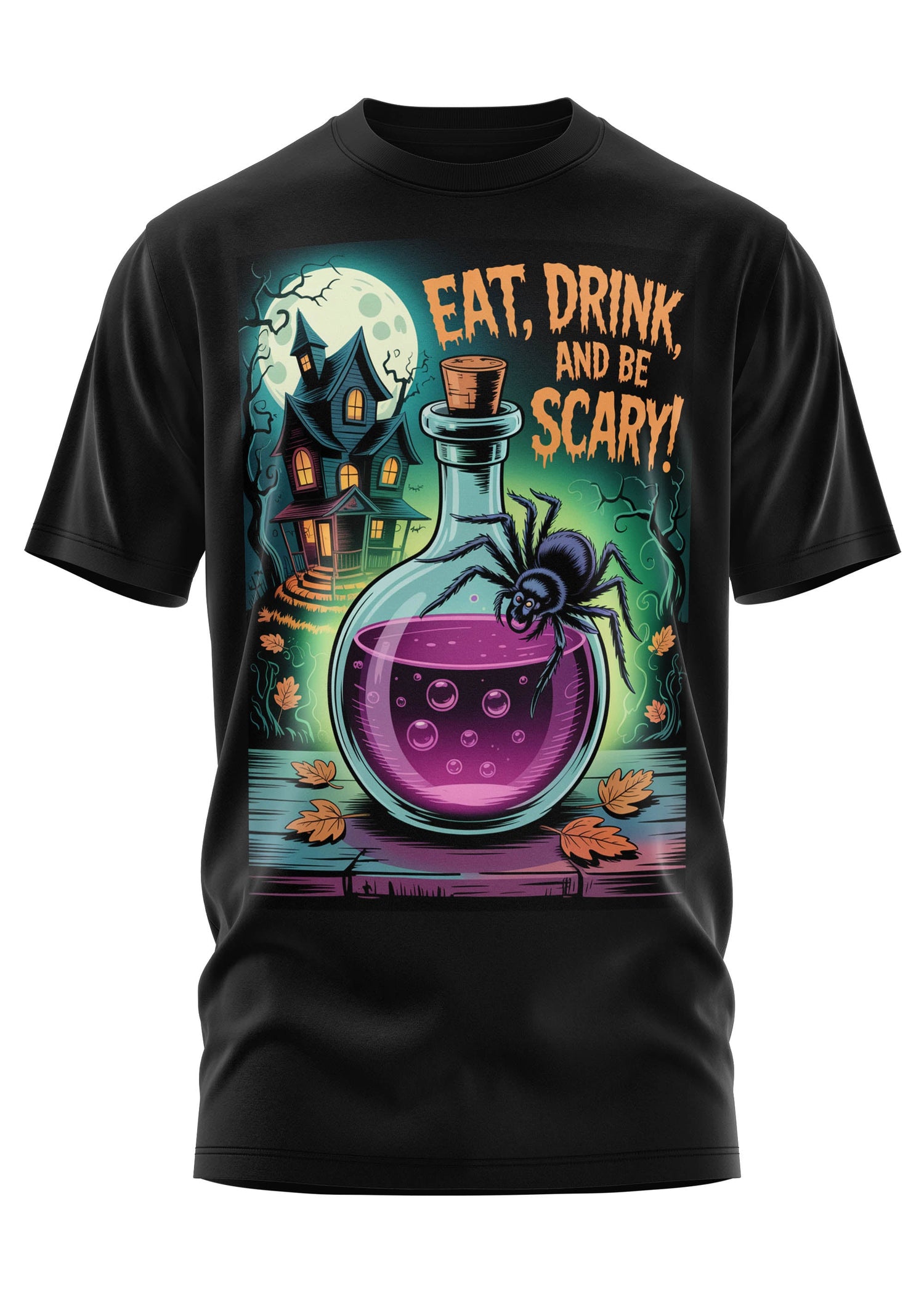 Schwarzes Kurzarm-T-Shirt mit einer Halloween-Grafik.
