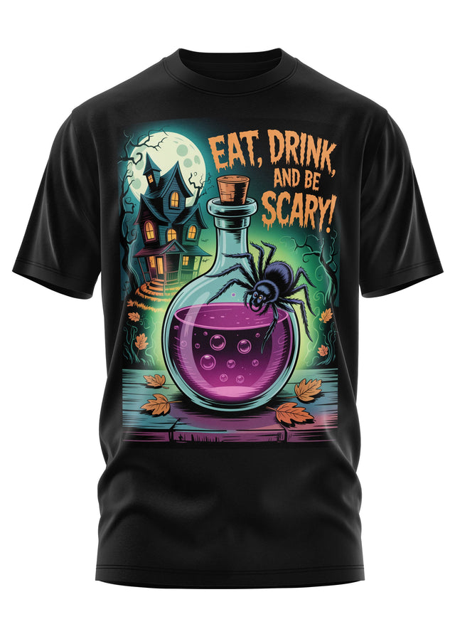 Schwarzes Kurzarm-T-Shirt mit einer Halloween-Grafik.