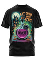 Schwarzes Kurzarm-T-Shirt mit einer Halloween-Grafik.