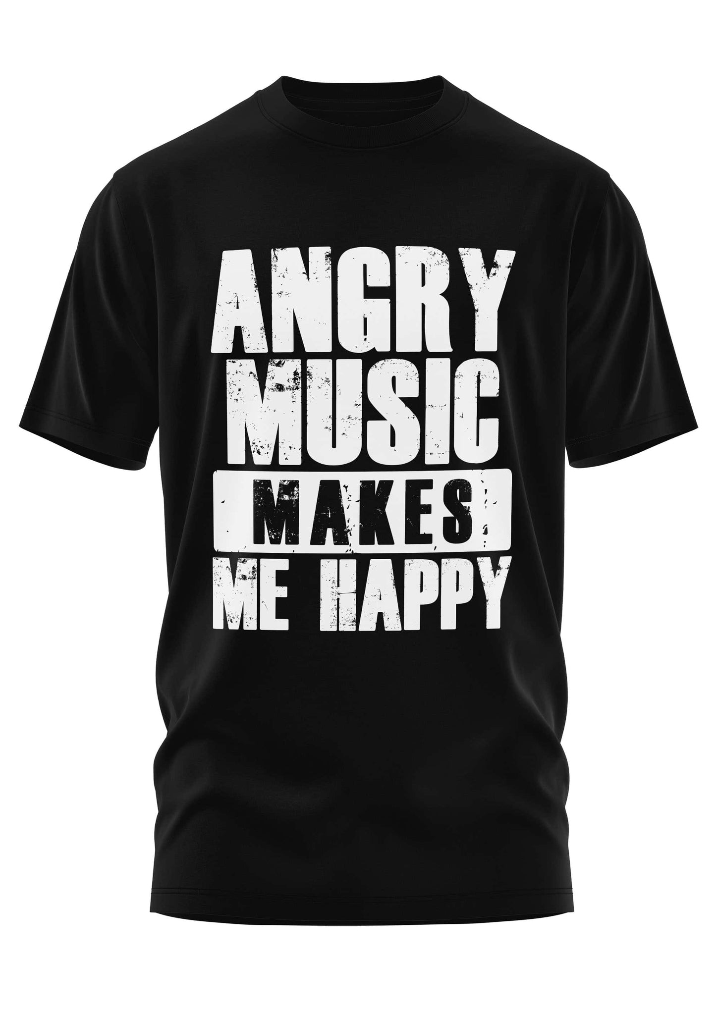 Schweres unisex-t-shirt aus strapazierfähigem stoff in schwarz mit weißem distressed text angry music makes me happy