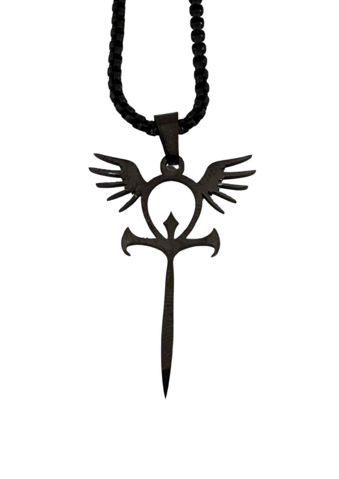 Ankh angel black halskette mit schwarzem ankh und flügeln aus metall für mode und spirituelle motive