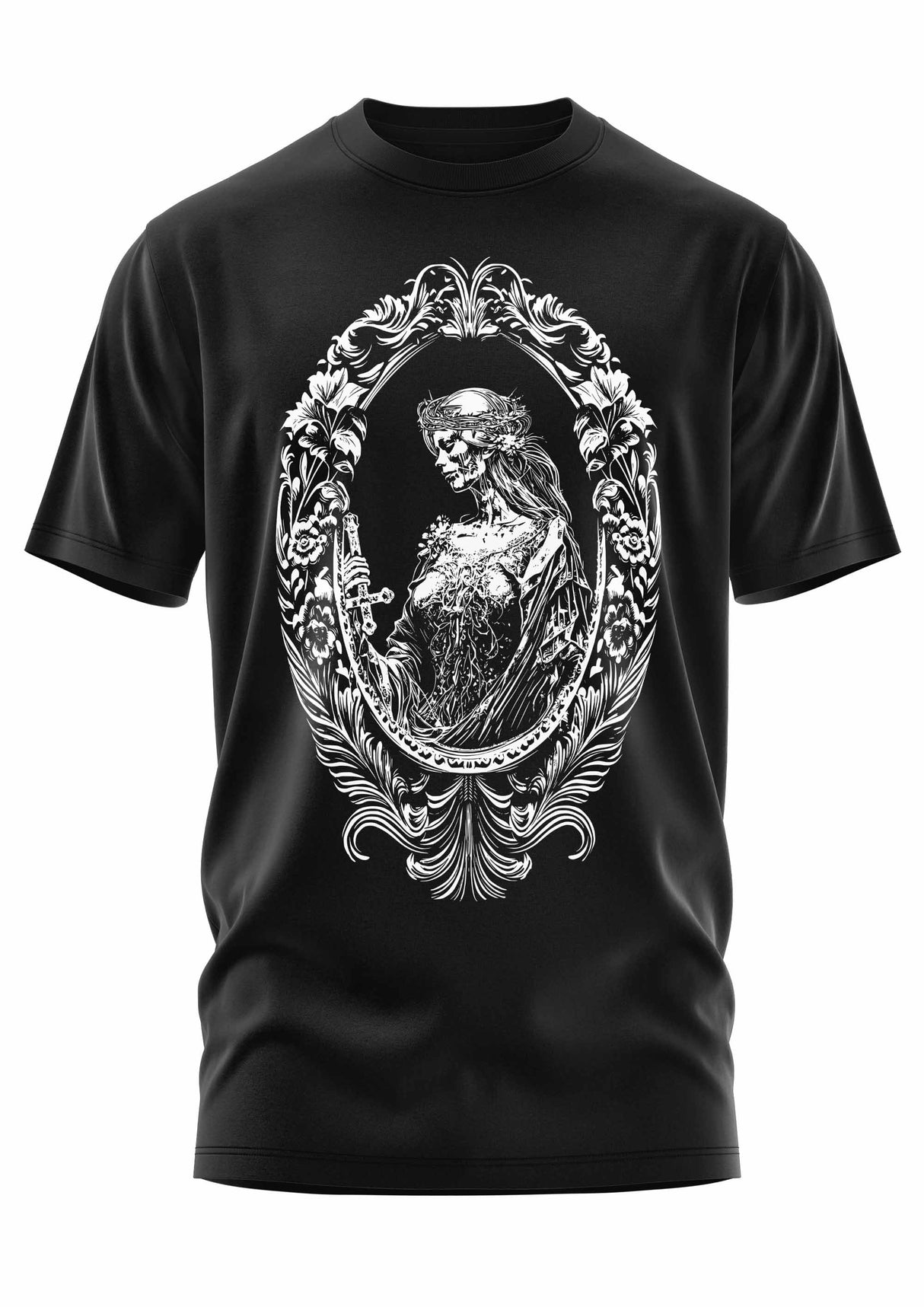 Schwarzes Gothic-Metal-T-Shirt mit Skelettfrau in antichristlichem Design