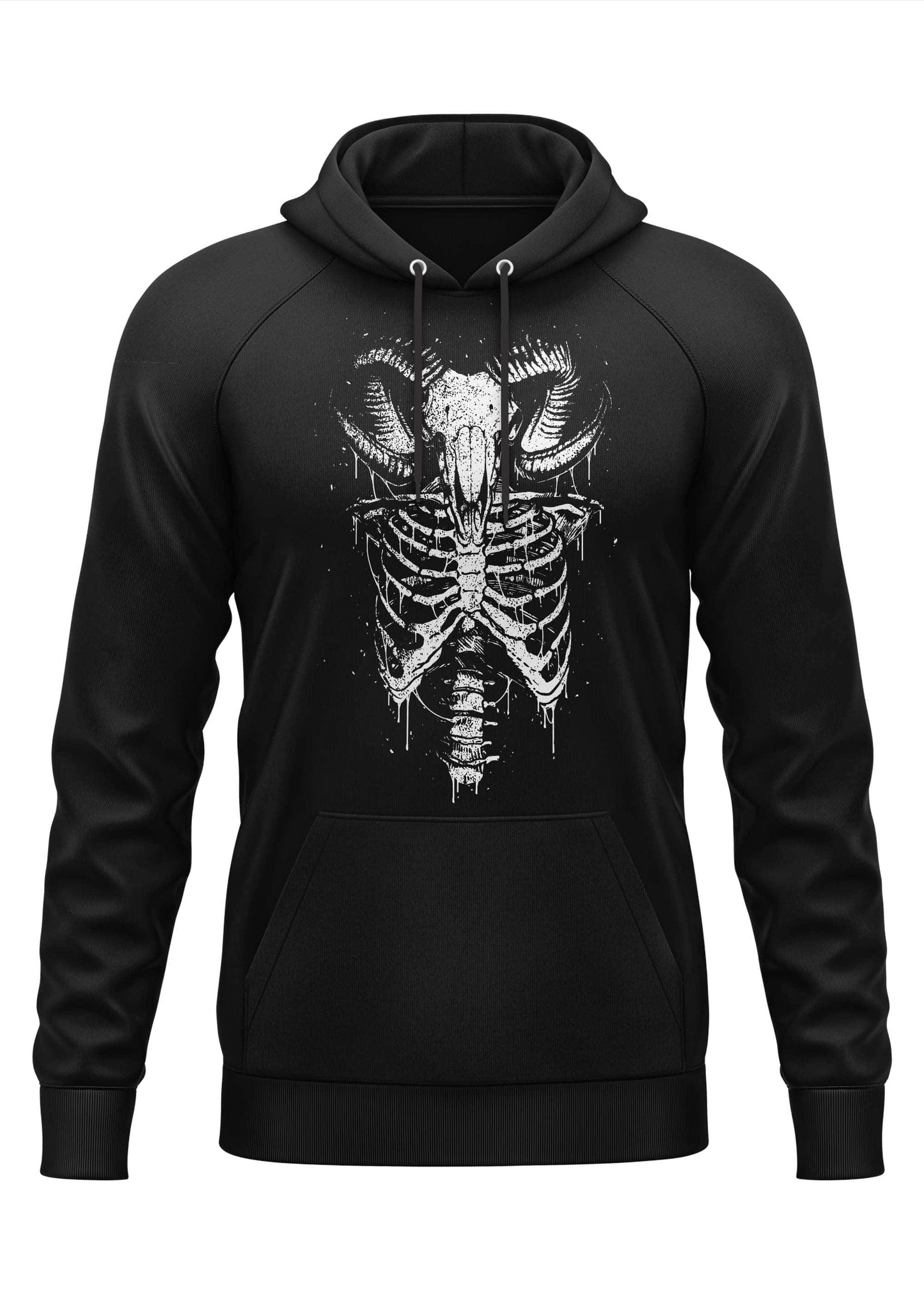 Black hoodie featuring a white gothic ram skull and ribcage graphic with dripping paint in horror style Aries ribs design