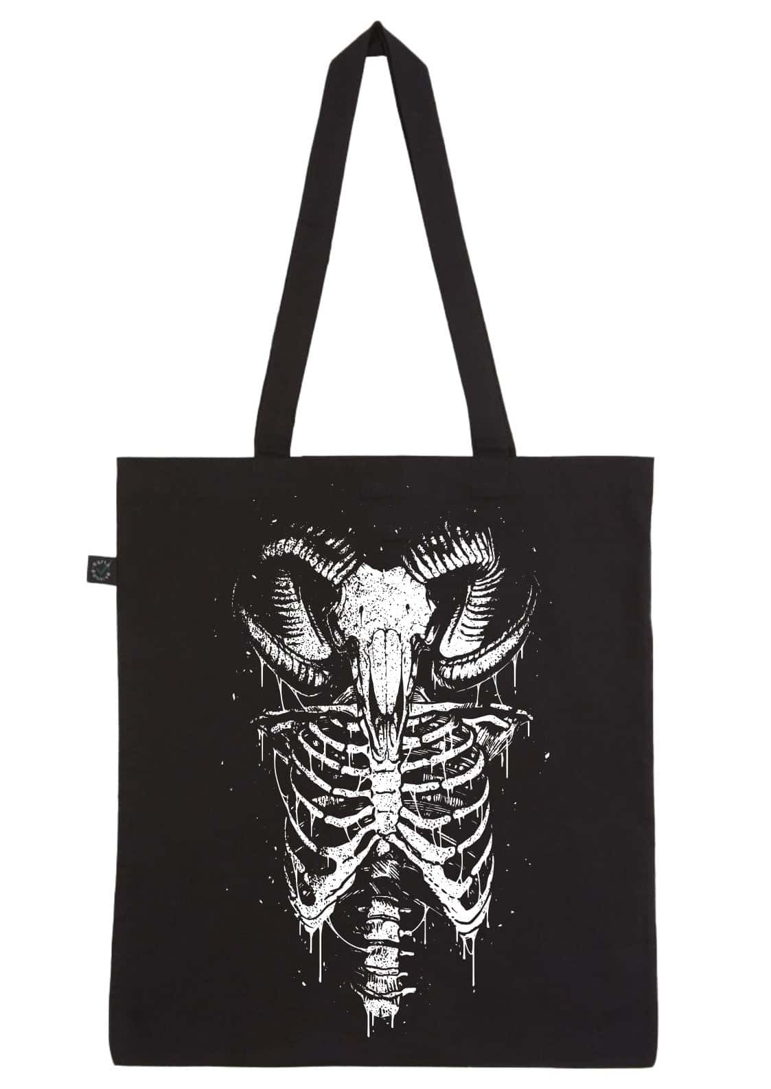 Schwarze canvas-tasche mit weißem aries horror-ram-schädel und rippen-knochen-grafik im gotischen stil