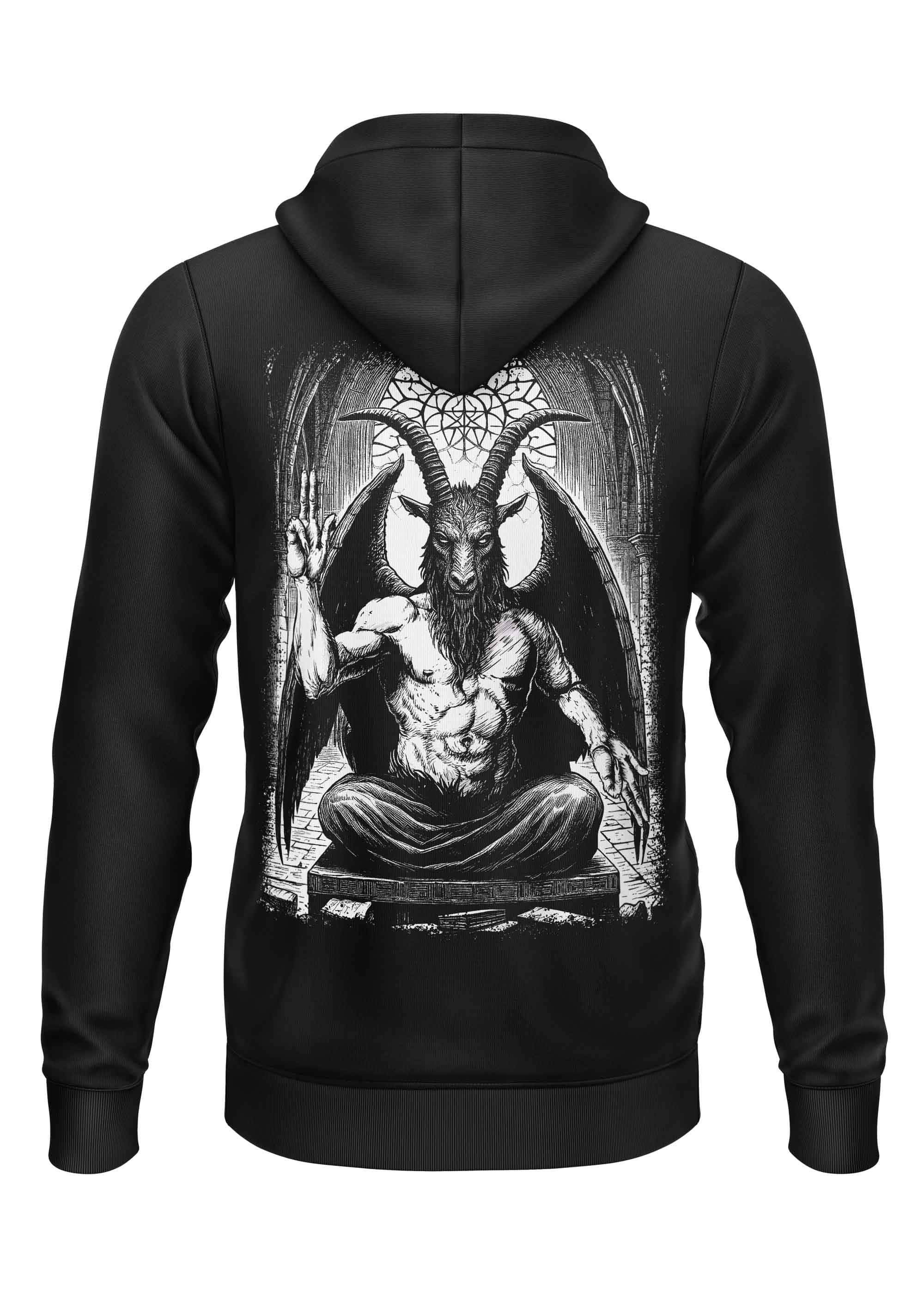 Schwarzer zip-up hoodie mit gothic horror baphomet backprint einer detaillierten demonengrafik auf der rückseite