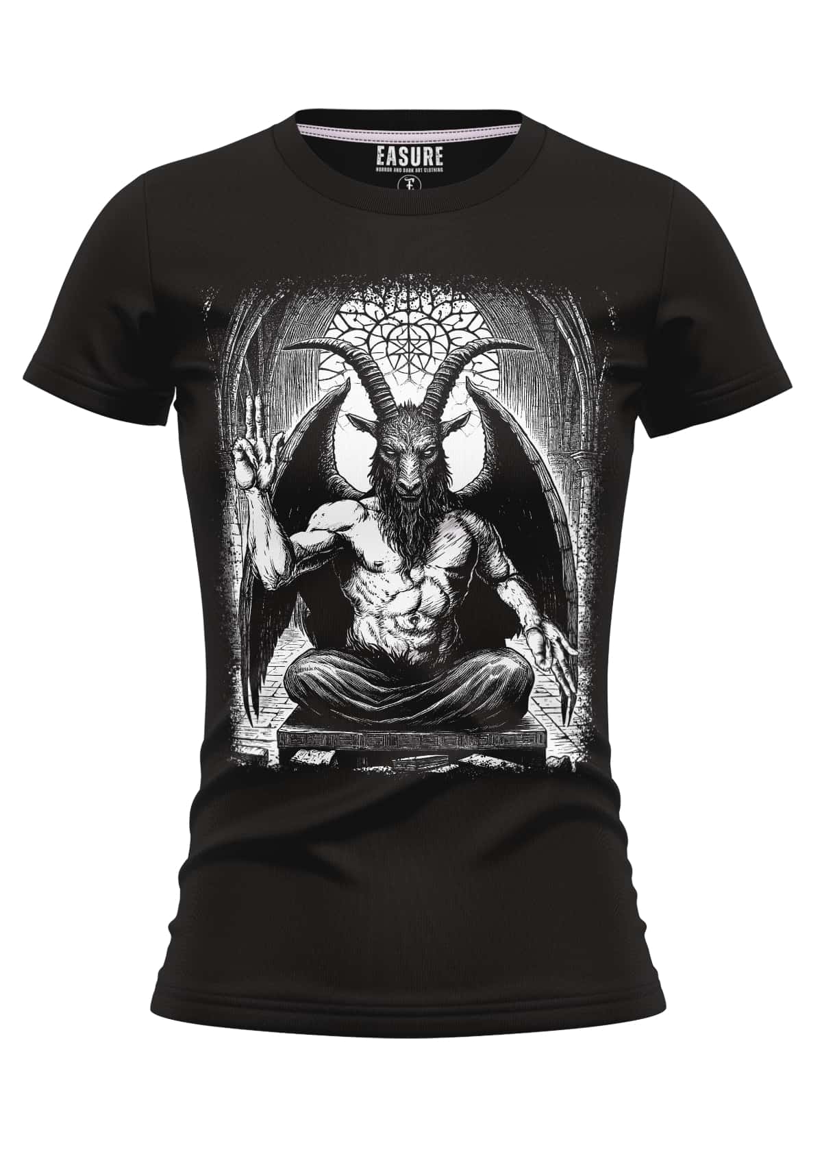 Schwarzes girlie t-shirt mit detailreicher schwarz-weißer baphomet-grafik aus strapazierfähigem stoff und weicher qualität
