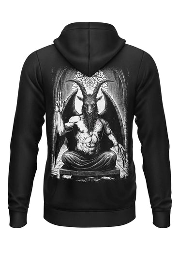 Schwarzer schwerer unisex zipper aus recyceltem polyester mit strapazierfähigem stoff und baphomet grafik