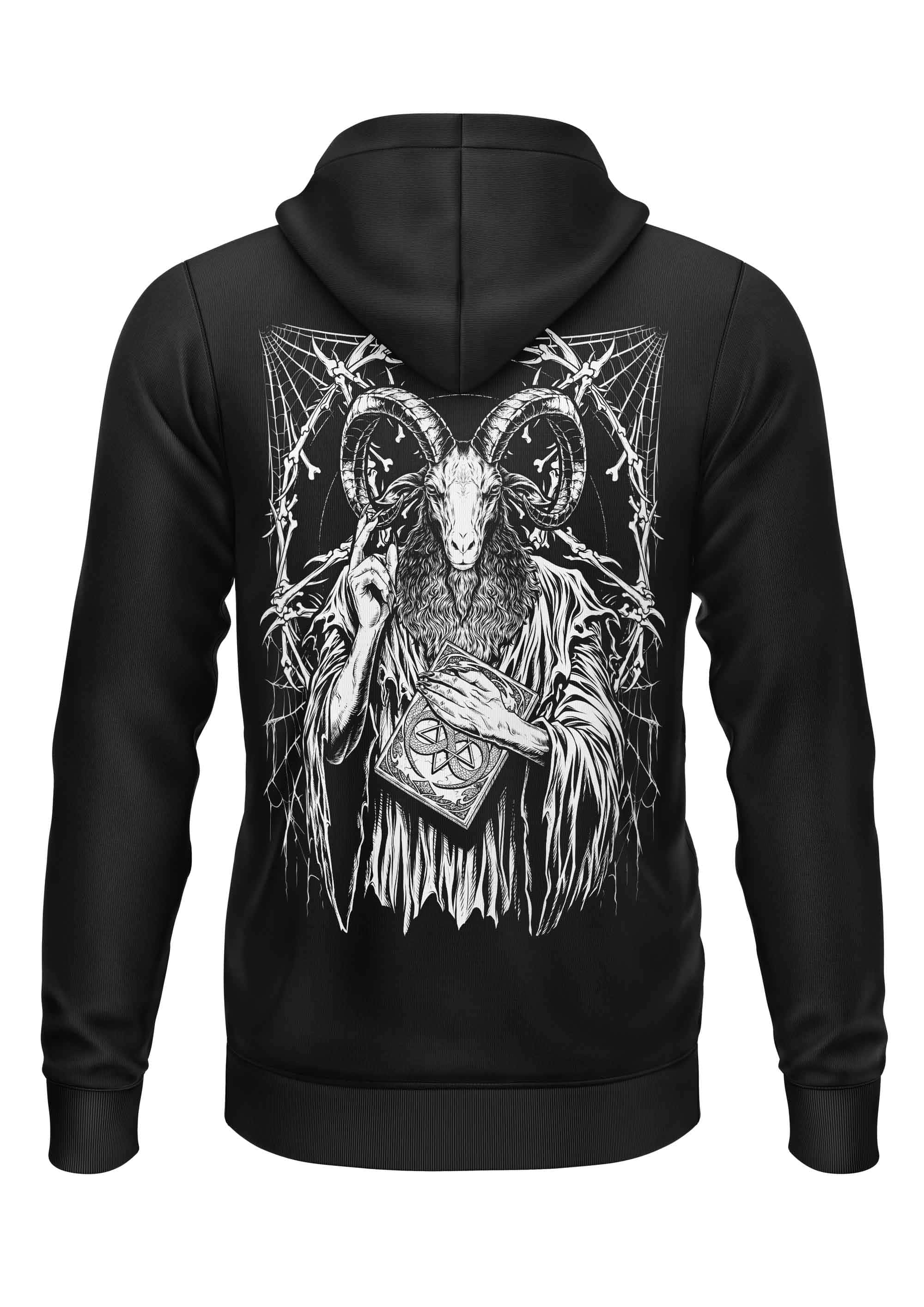 Schwarzer zip-up hoodie mit gothic baphomets feast backprint zeigt ziegenkopffigur mit buch und spinnennetzern