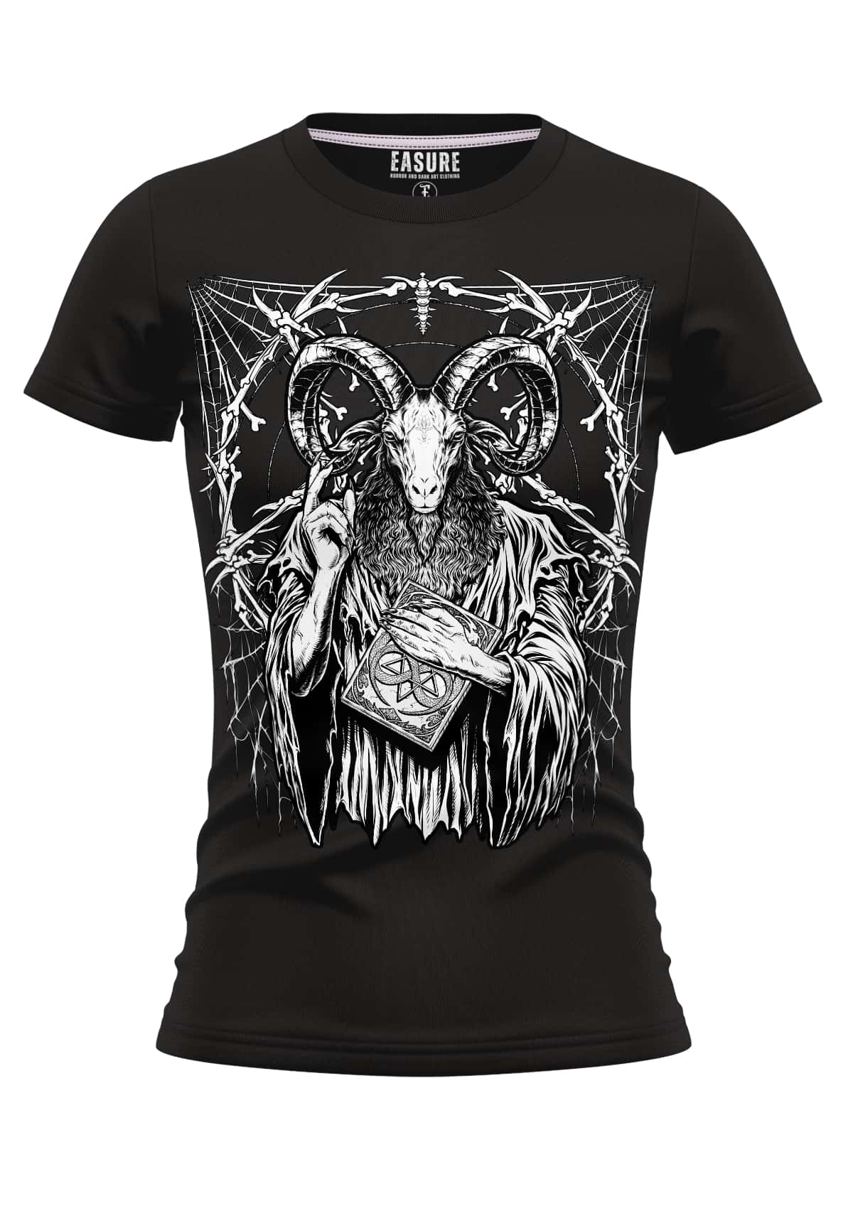 Schwarzes erasure damen t-shirt baphomets feast mit weißem line-art ziegenmotiv und strapazierfähigem stoff