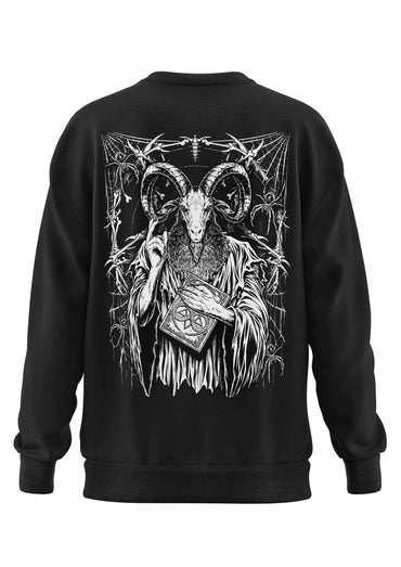 Schwarzes schweres unisex-sweatshirt mit weißem baphomets feast line-art grafik aus recyceltem polyester