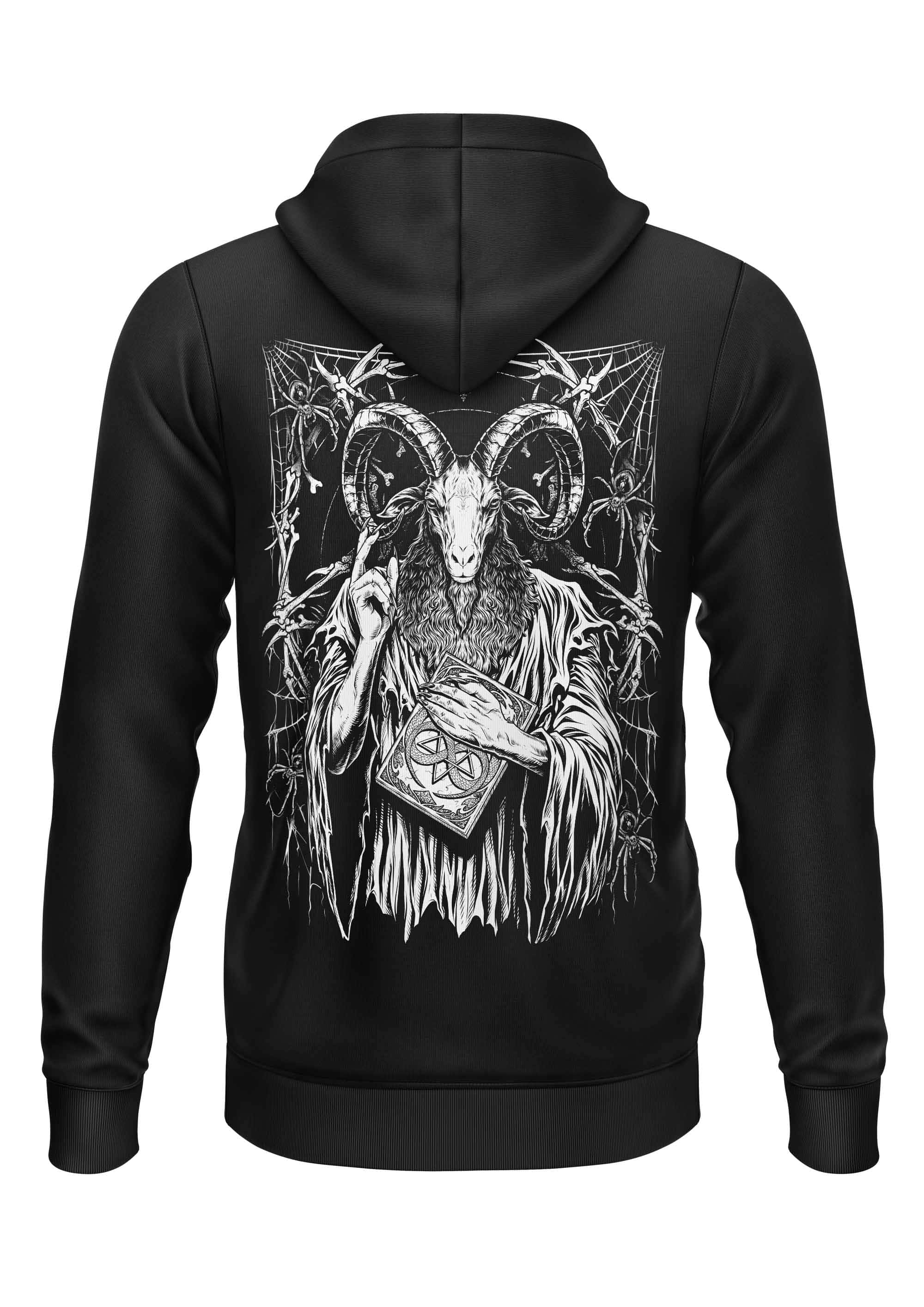 Schwarzer zip-up hoodie mit gothic horror grafik eines ziegenkopffigurs mit buch und ranken baphomets feast zipper