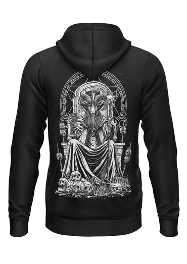 Schwarzer zip-up hoodie mit detaillierter weißer grafik eines ziegenköpfigen figures auf baphomets throne gothic horror bitte motif