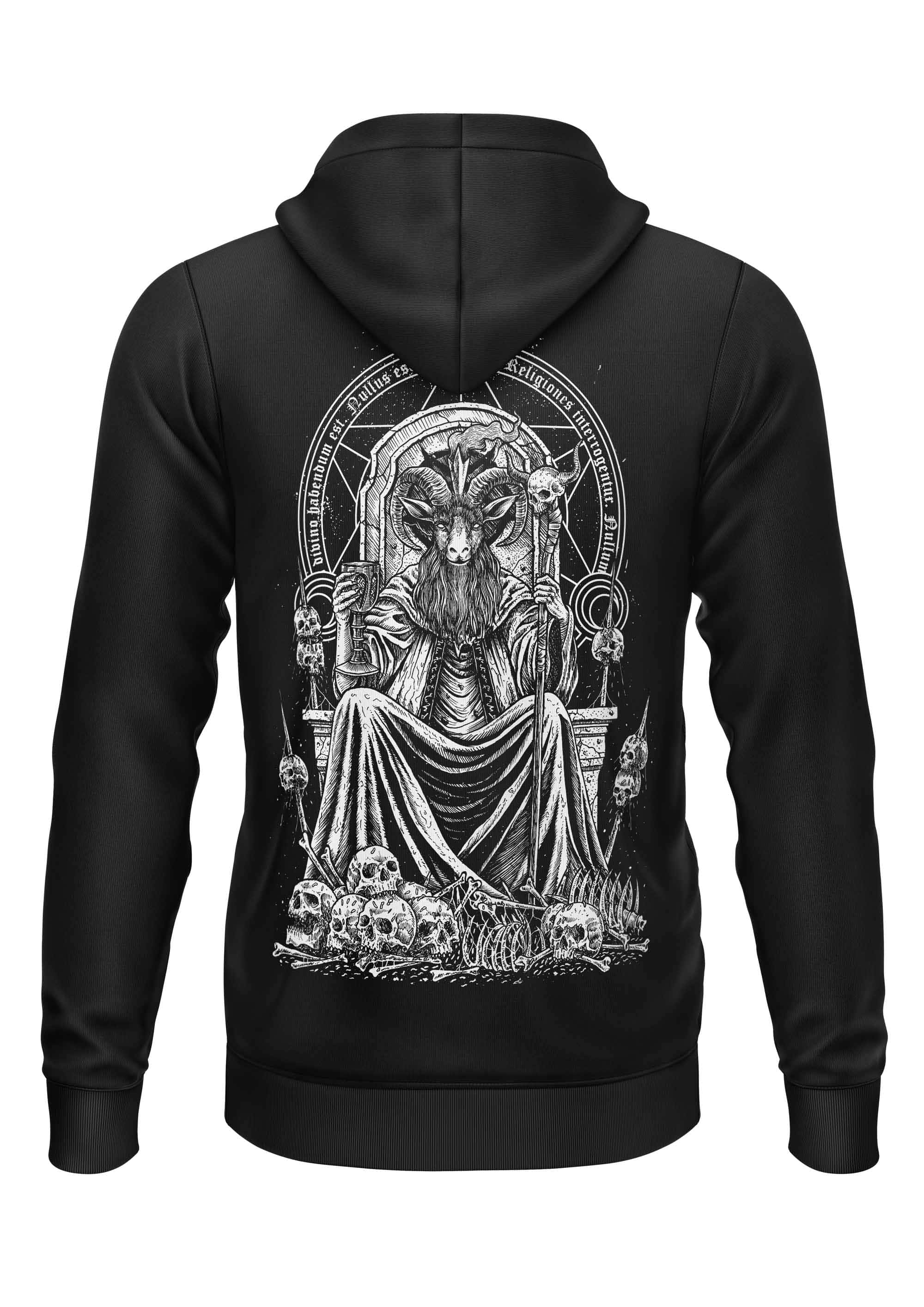 Schwarzer zip-up hoodie mit detaillierter weißer grafik eines ziegenköpfigen figures auf baphomets throne gothic horror bitte motif