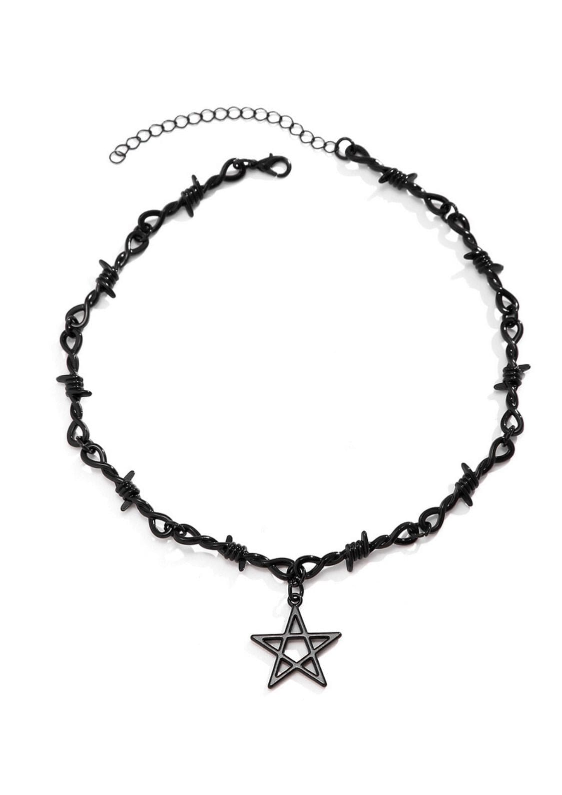 Schwarzer StachelDraht-Choker mit Pentagramm-Anhänger, Metall