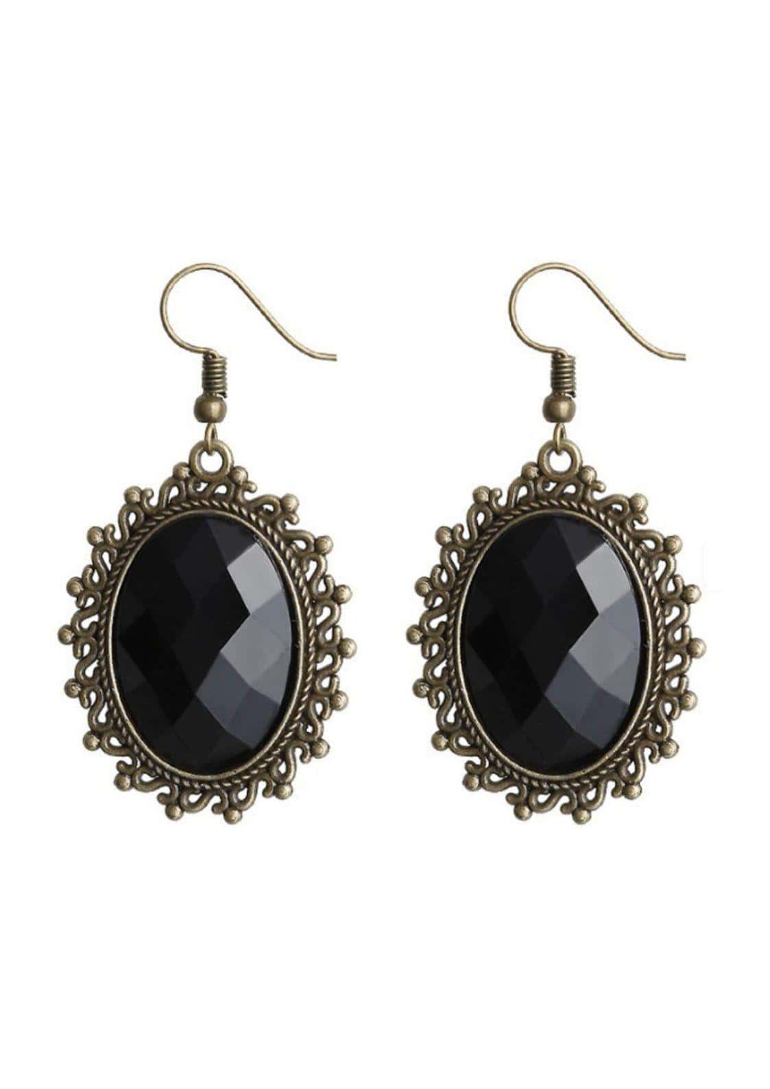 Antike bronzene ovale spike-ohrringe mit schwarzen onyx steinen im gotischen stil und auffälligem design
