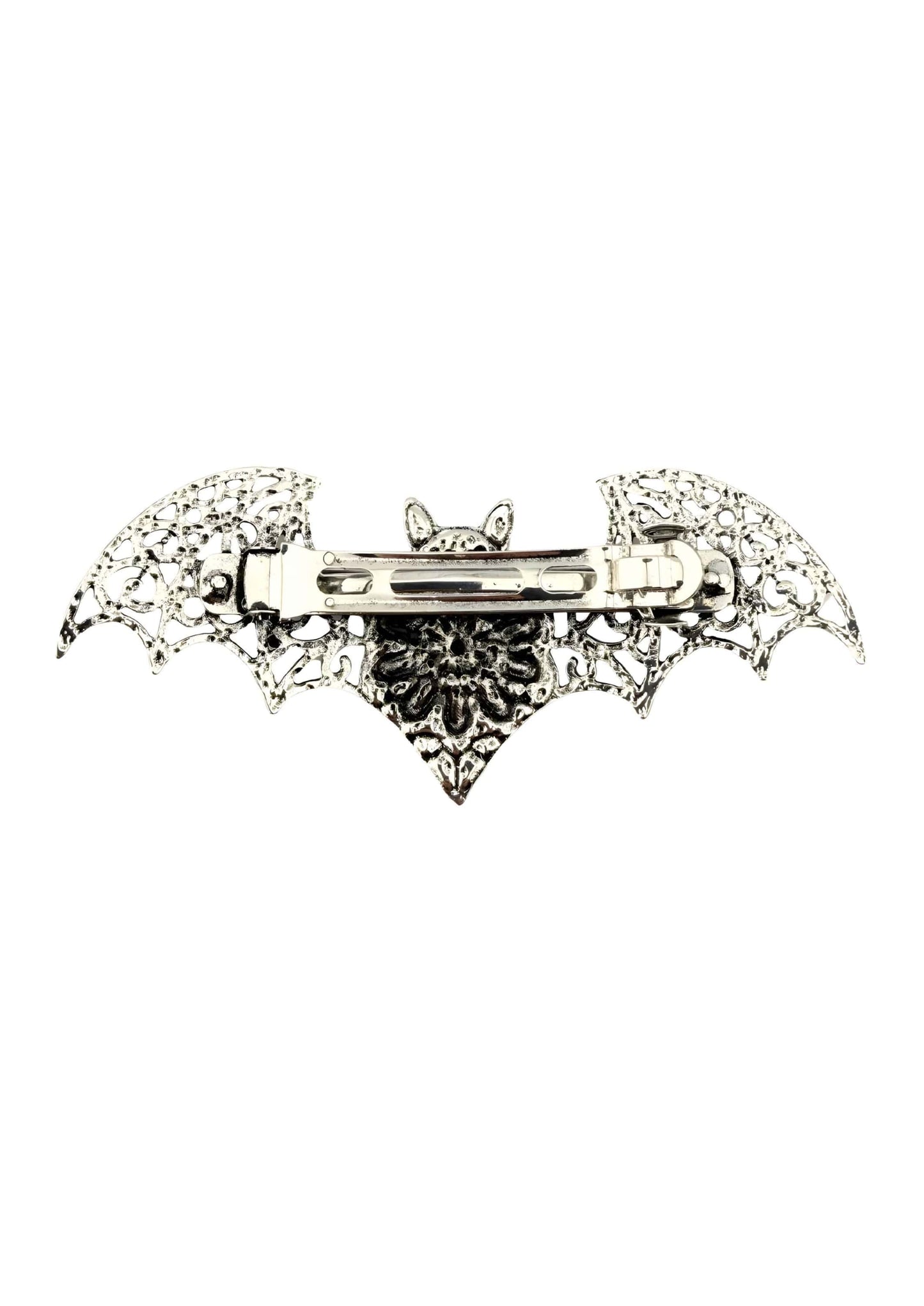 Silberne bat flower haarklammer in fledermausform mit spitzenverzierung und kleinem fuchsgesicht in der mitte