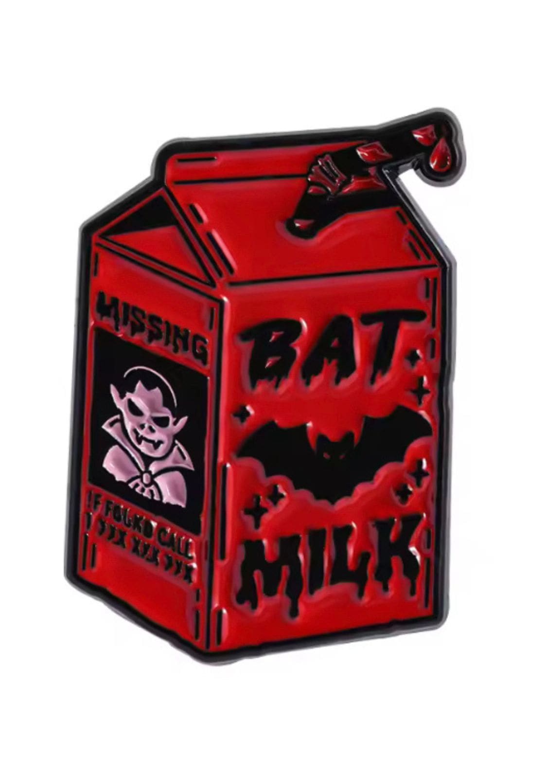 Rote Fledermaus-Milchkarton-Enamelpin mit schwarzem und weißem Design, mit einer Vampir-Illustration.