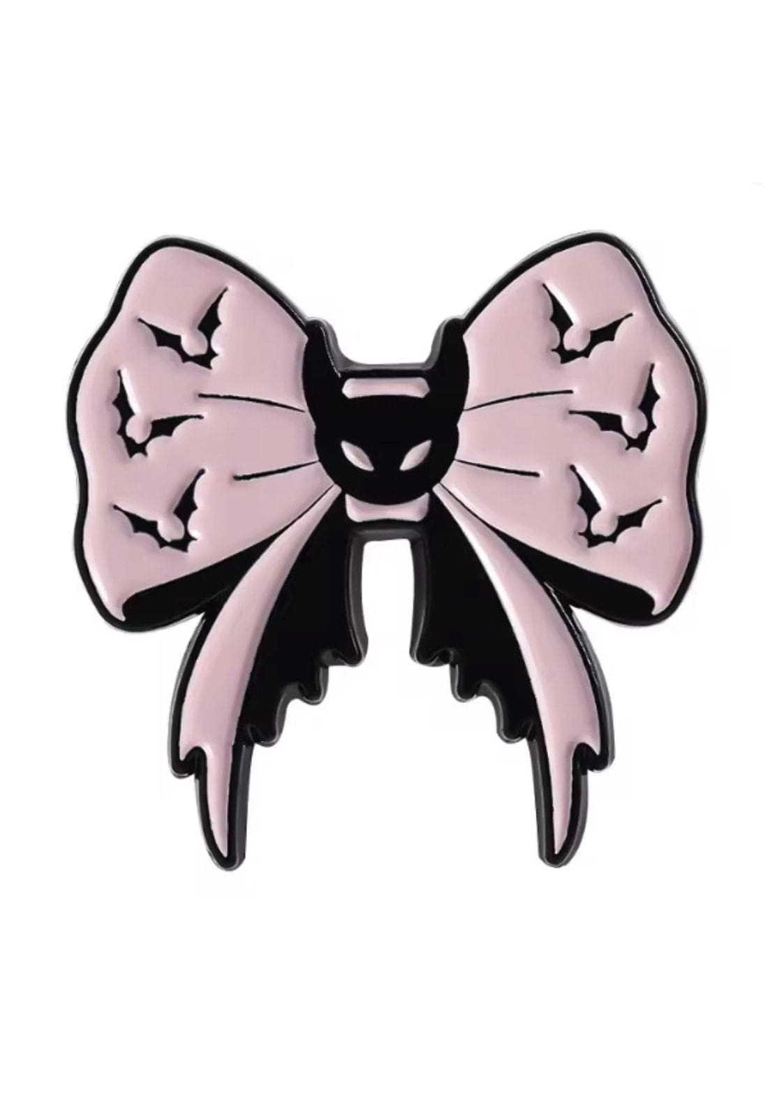 Rosa und schwarz emaillierte Anstecknadel in Form einer Schleife mit Fledermausmotiven.