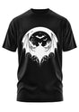 Schwarzes T-Shirt mit einer weißen Fledermaus- und Mondgrafik.