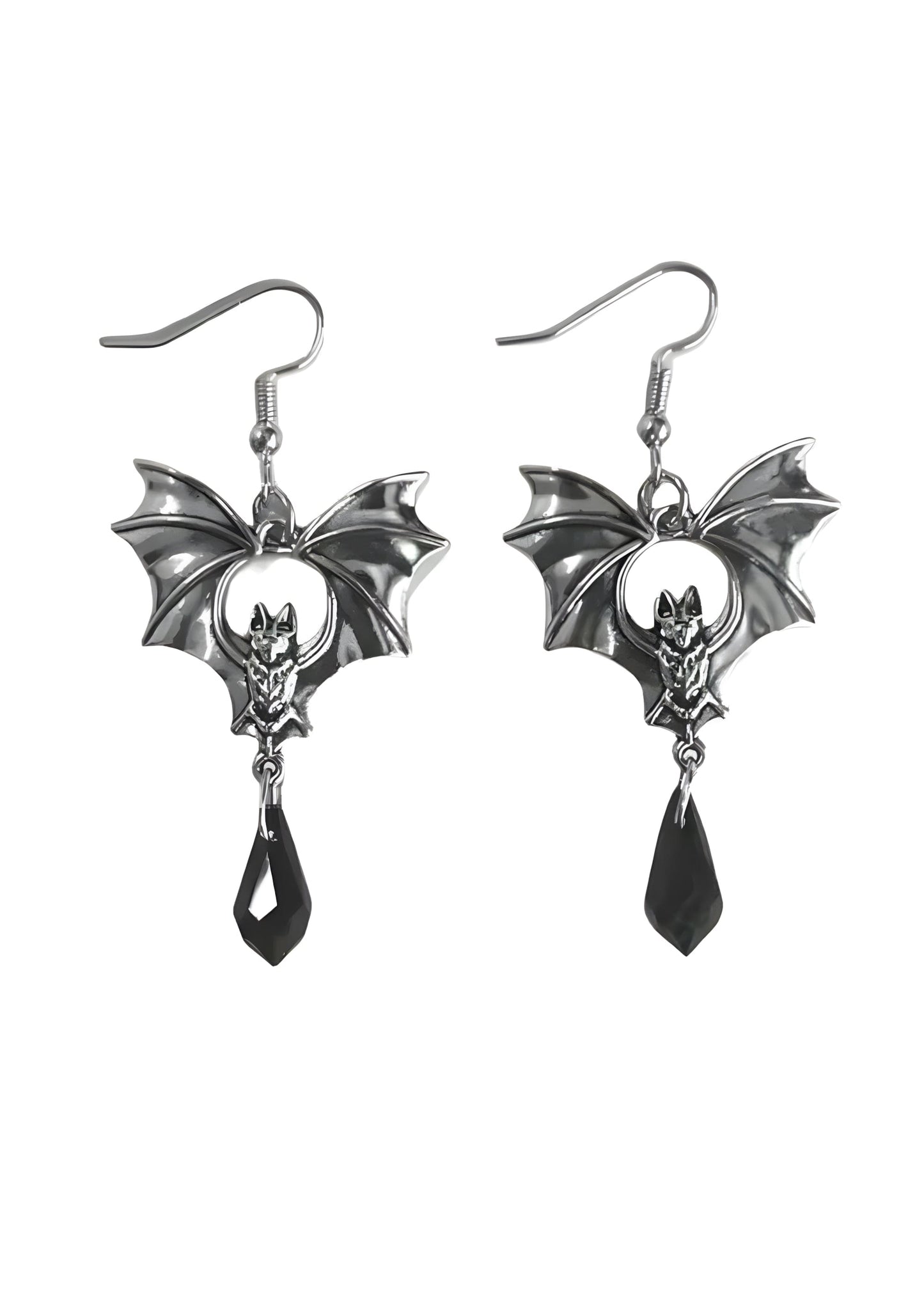 Fledermausflügel-Ohrringe mit schwarzen tropfenförmigen Akzenten, silbernes Metall