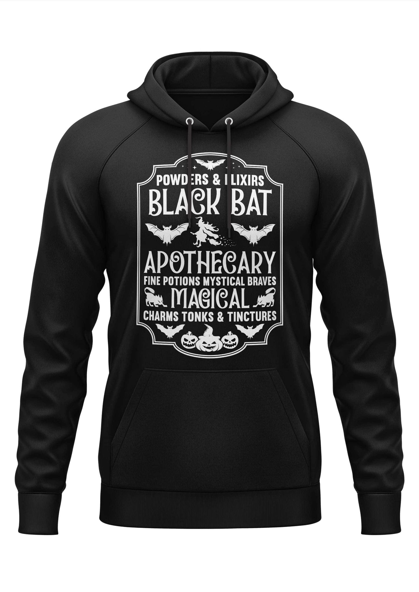 Schwarzer hoodie mit weißem gothic horror design und black bat apothecary text ideal für halloween
