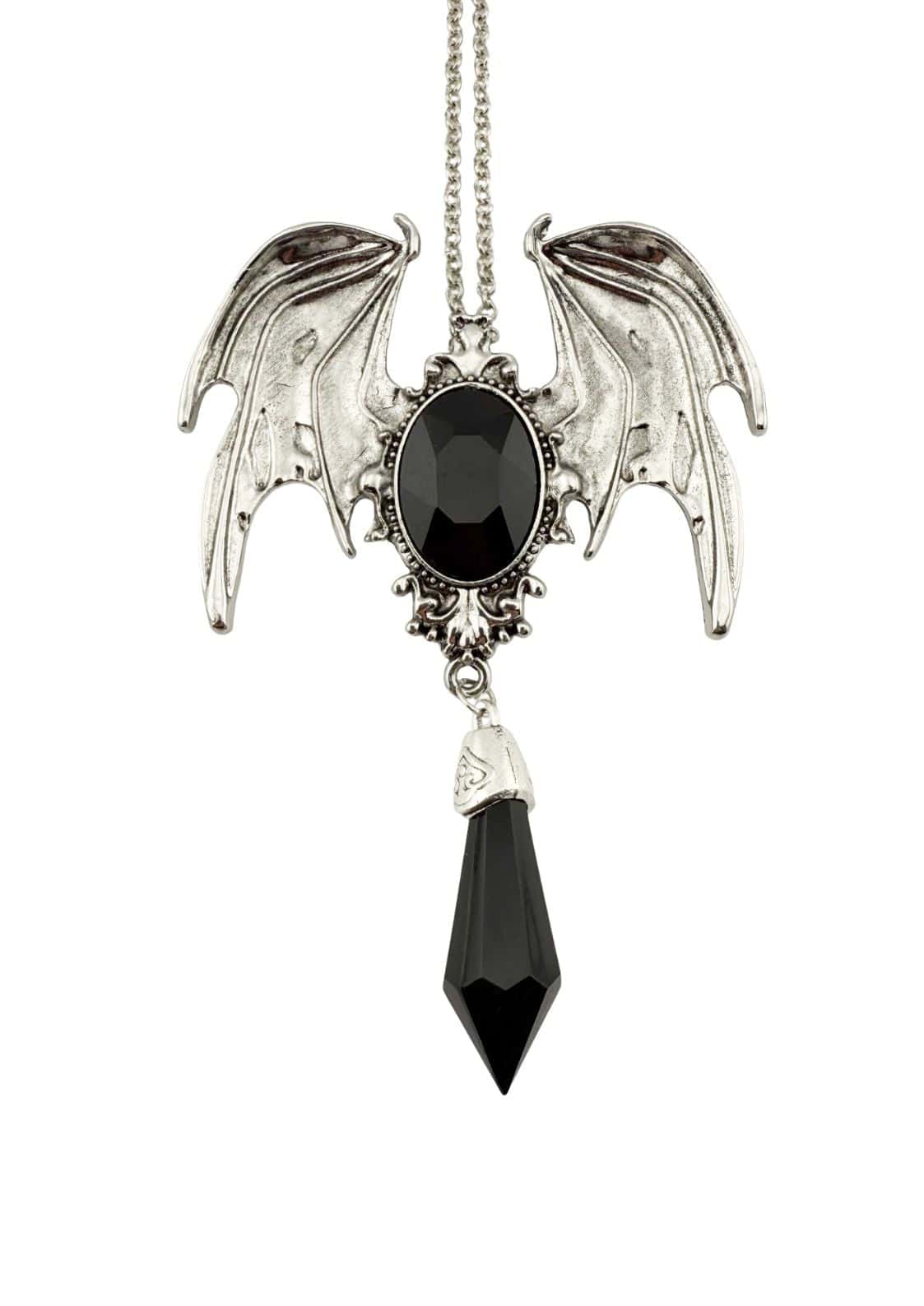 Schwarzer kristallfledermaus halskette mit silbernen wings und schwarzem kristallflügelanhänger