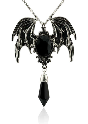 Schwarze kristallfledermaus halskette mit ovalem schwarzen stein und schwarzer kristallflügel anhänger