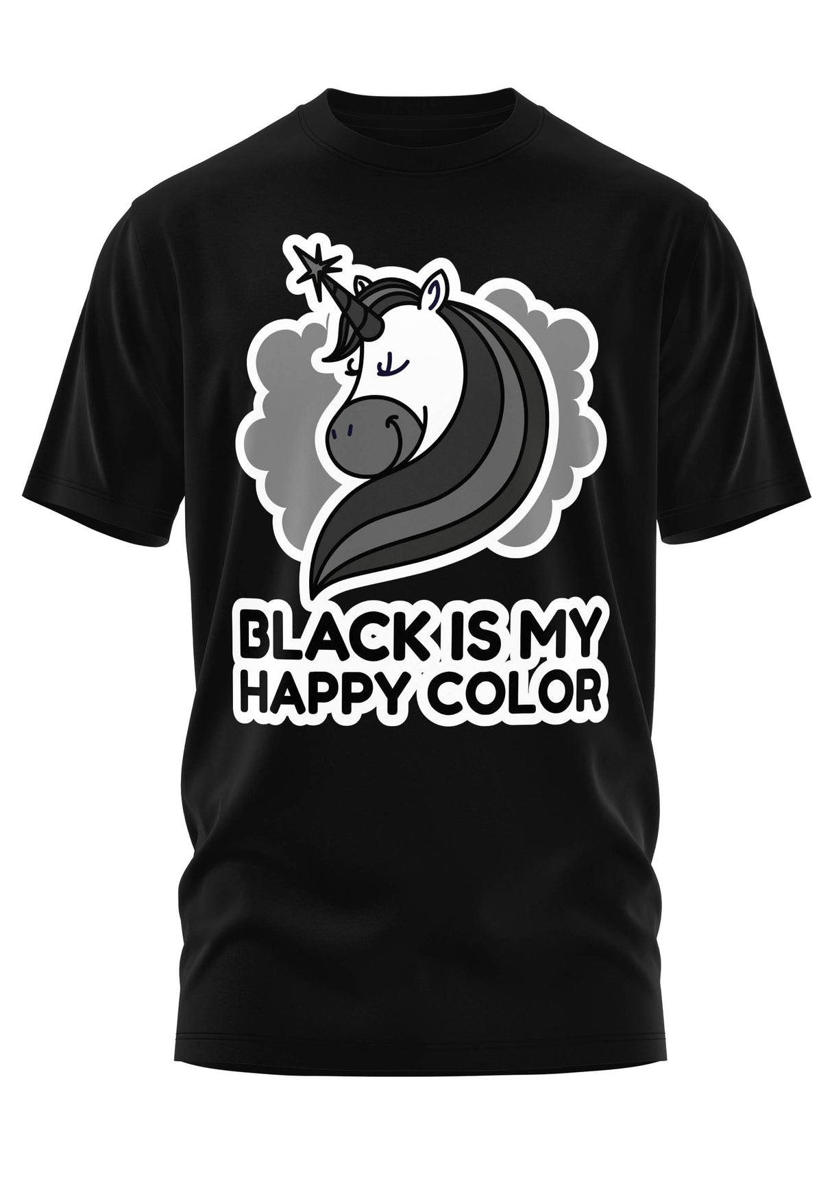 Schweres Unisex T-Shirt mit Graustufen-Einhorn und Black is my happy color