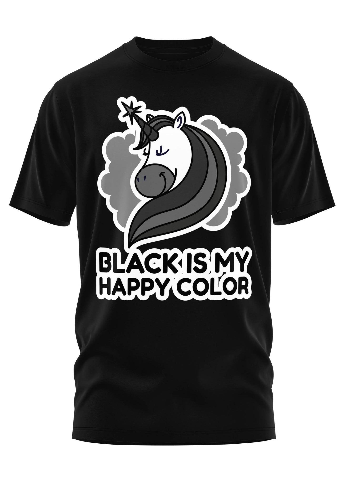 Schweres Unisex T-Shirt mit Graustufen-Einhorn und Black is my happy color
