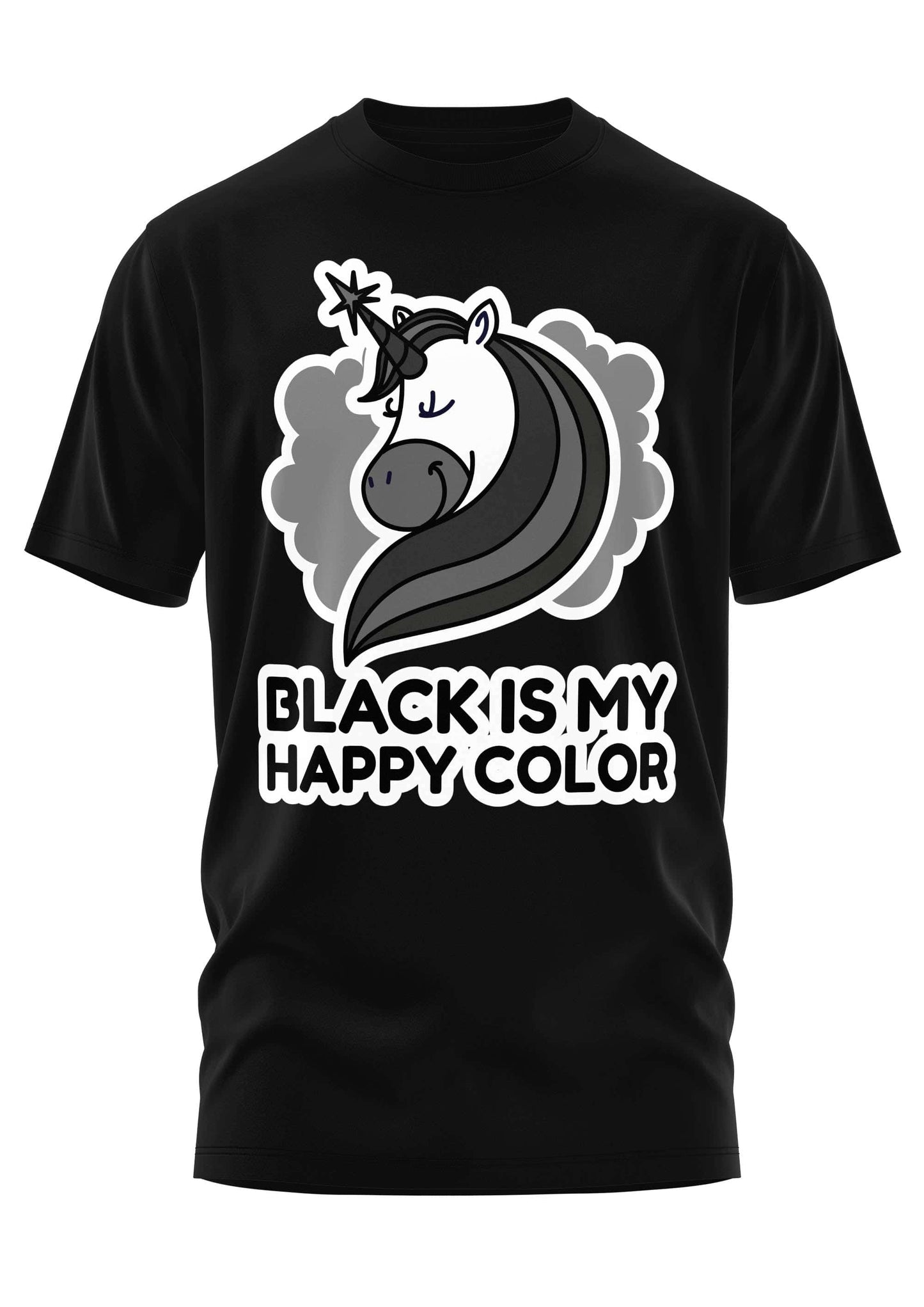 Schwarzes schweres unisex t-shirt mit grayscale einhorn grafik und text happy color aus strapazierfähigem stoff