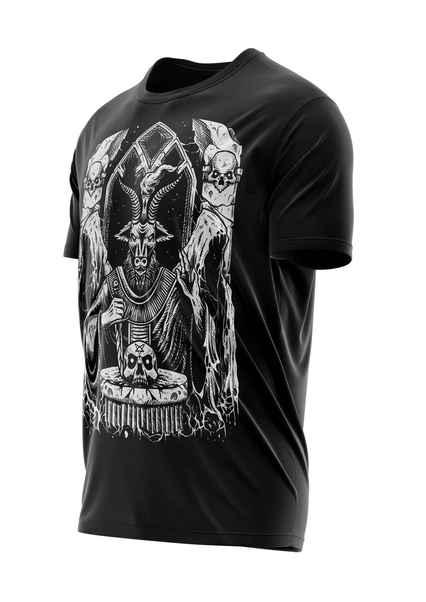 Schwarzes kurzarmshirt mit detailliertem weißen baphomet-grafik im gothic horror-stil namens black mass shirt