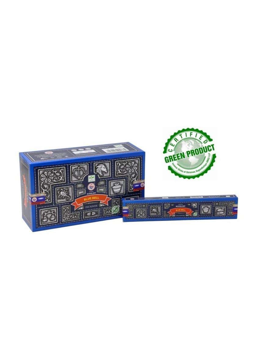 Blaues rechteckiges räucherstäbchen-box von satya mit gotischem muster und orangefarbenem banner blue bell ideal für gothic kleidung fans