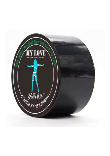 Bondage tape schwarz 5 zoll breit 15 fuß lang mit my love marke und teal silhouettenlabel ideal für gothic und dark fashion
