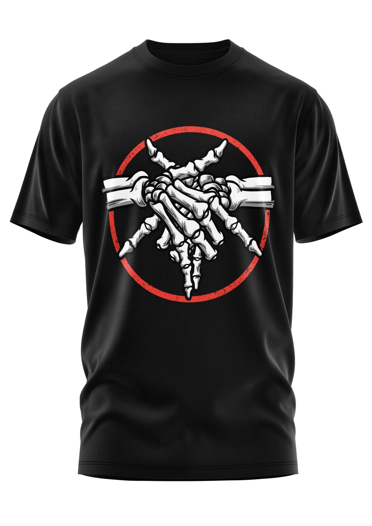 Schwarzes Kurzarm-T-Shirt mit einer Skelett-Hand-Grafik