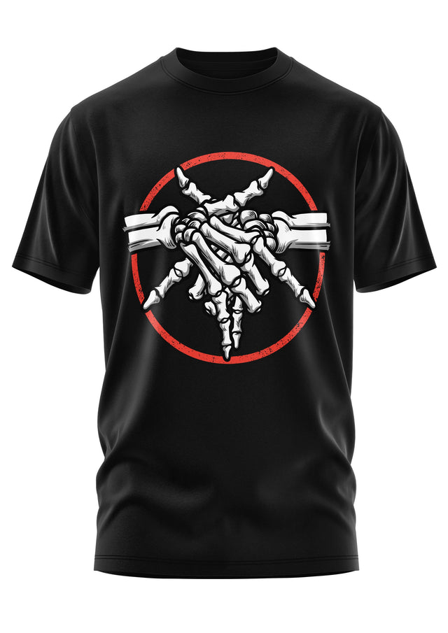 Schwarzes Kurzarm-T-Shirt mit einer Skelett-Hand-Grafik