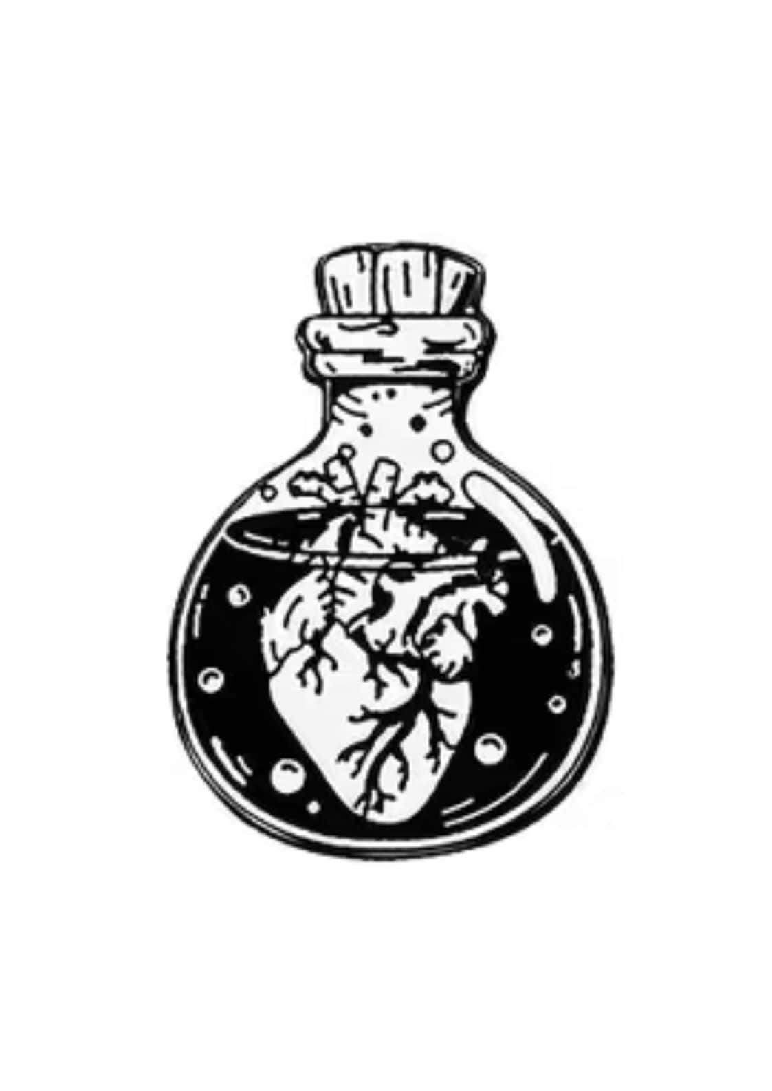 Ein gothic horror flaschenherz pin mit einem menschlichen herz in flüssigkeit von cyberdyne systems