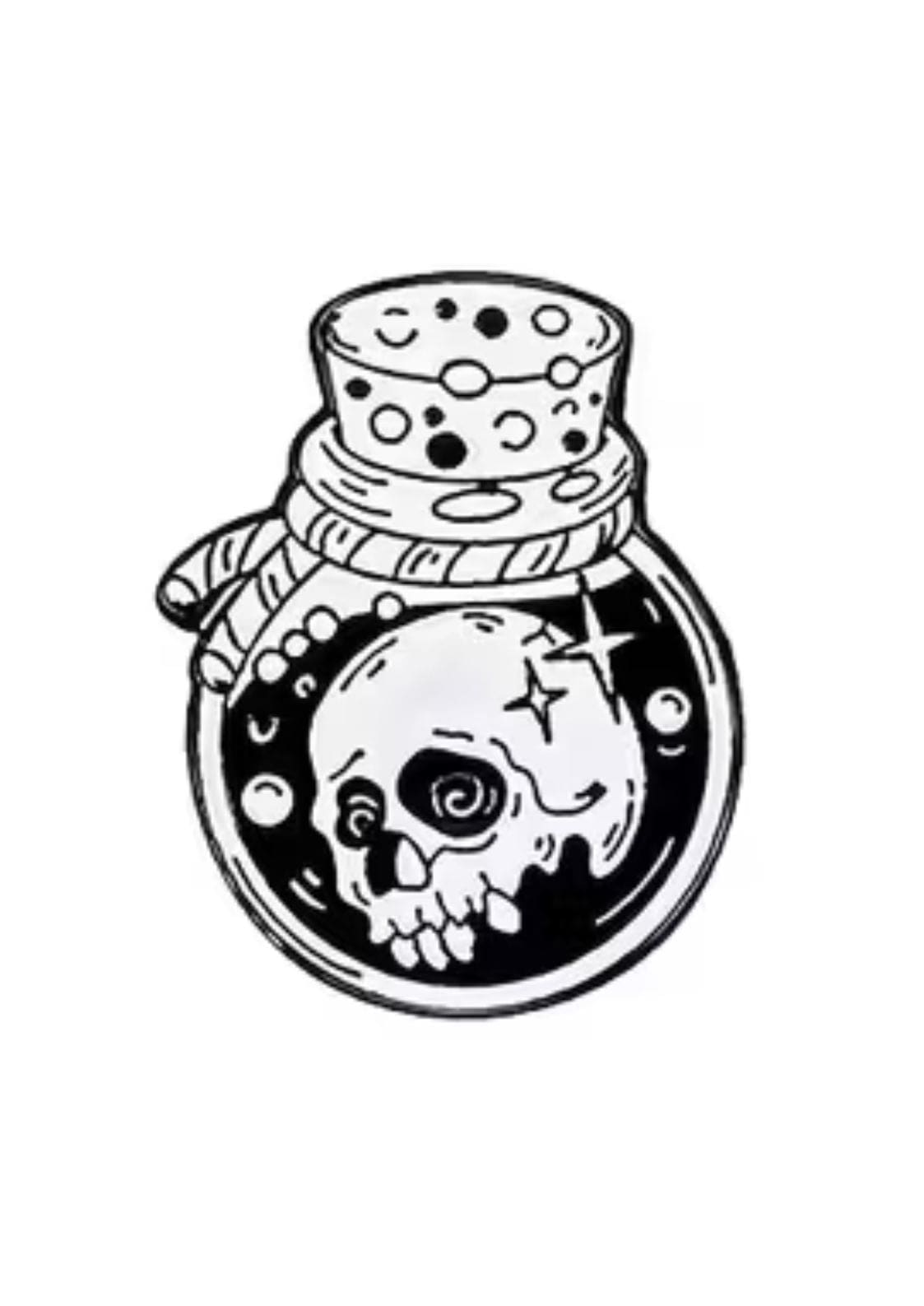 Eine schwarz-weiße Illustration im Cartoon-Stil einer verkorkten Flasche mit einem Totenkopf, Blasen und einem Stern.