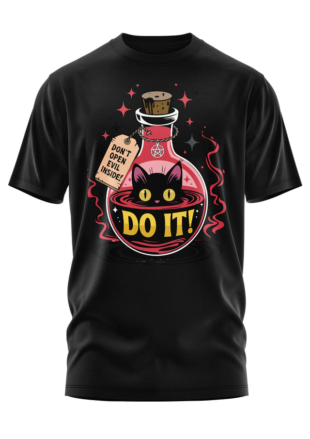 Schwarzes Kurzarm-T-Shirt mit der Grafik einer schwarzen Katze in einer rosa Zaubertrankflasche.