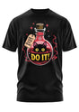 Schwarzes Kurzarm-T-Shirt mit der Grafik einer schwarzen Katze in einer rosa Zaubertrankflasche.