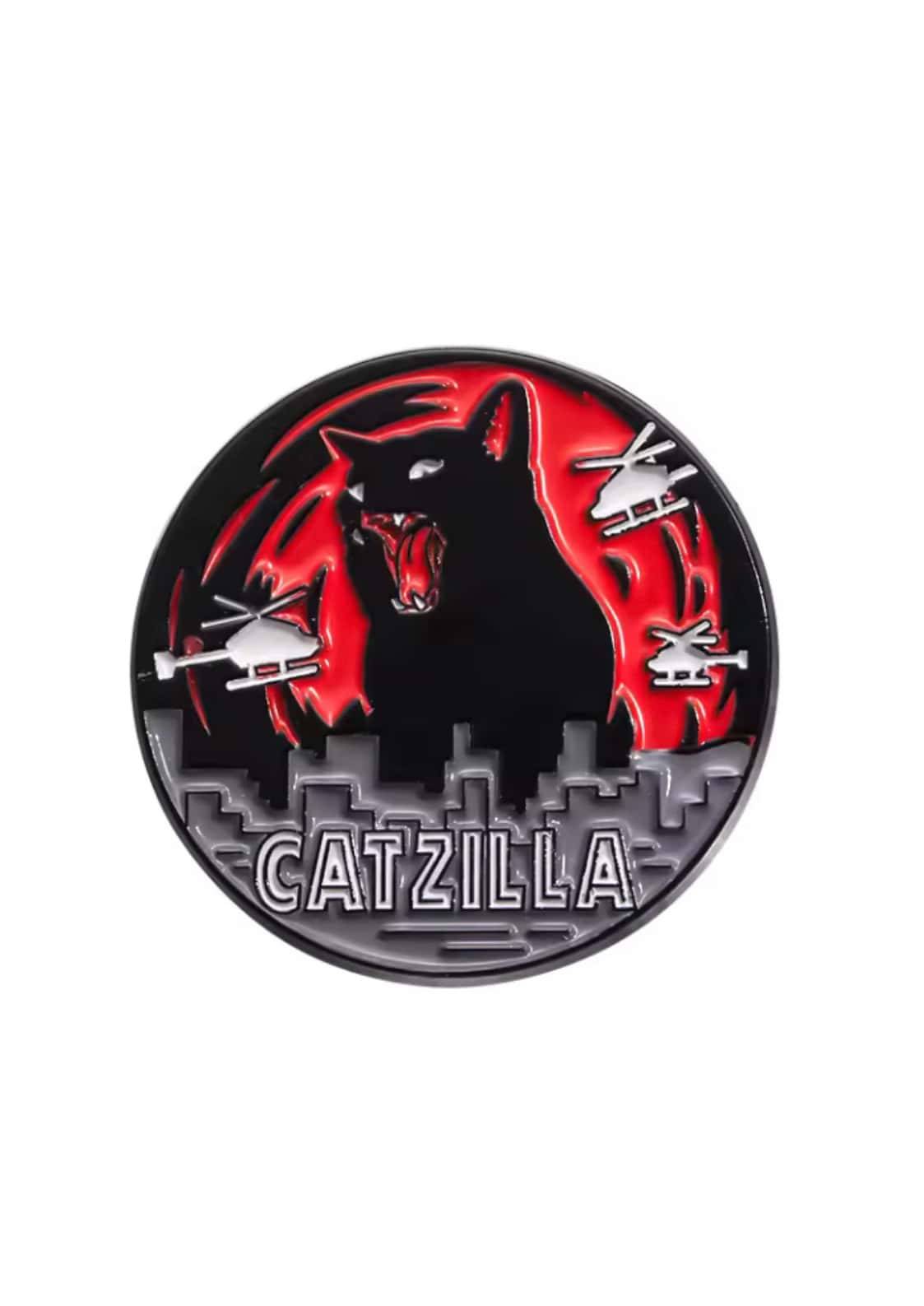Black and red enamel pin featuring a roaring catzilla with helicopters and gothic city skyline design