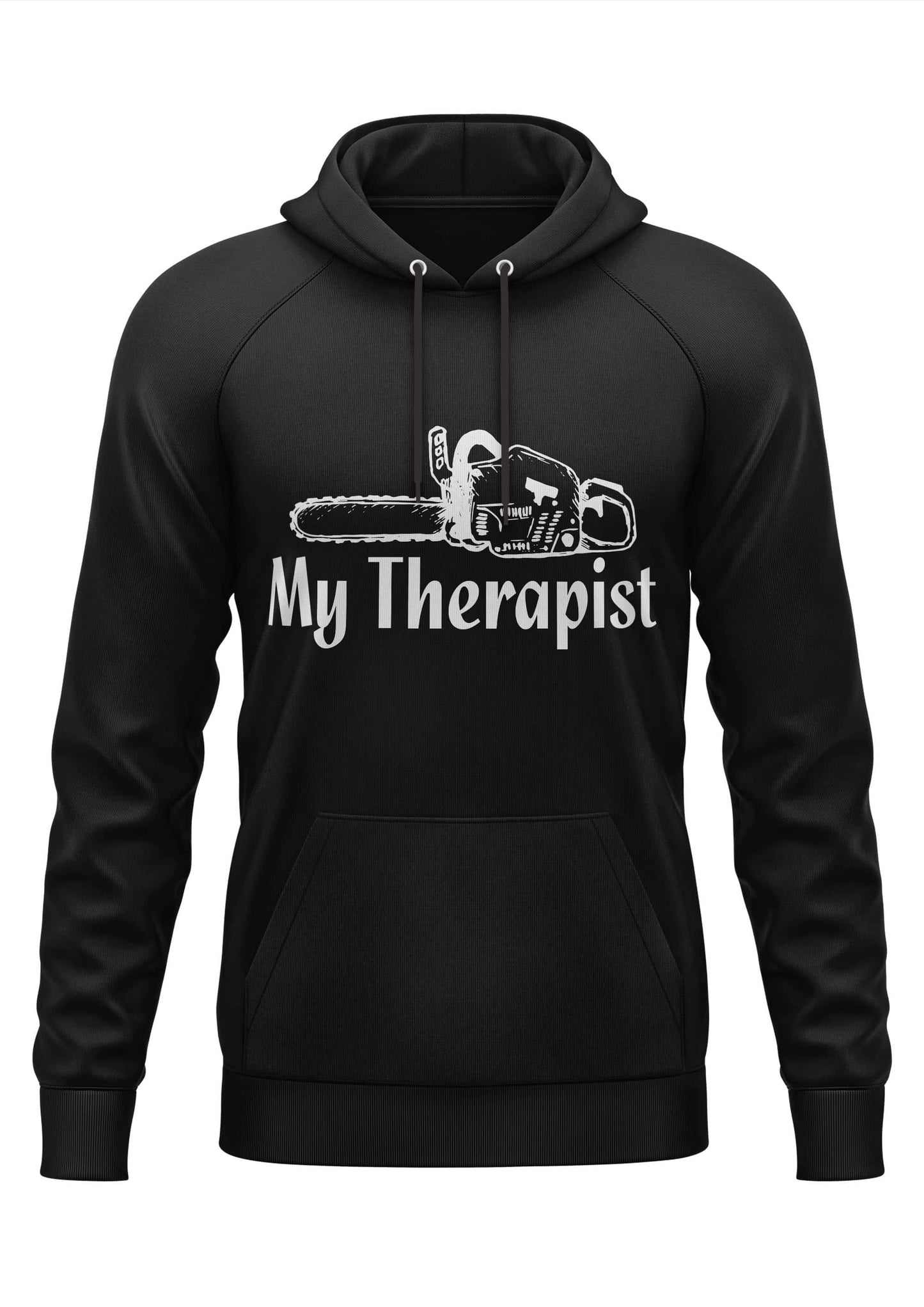 Schwarzer gothic hoodie mit weißem horror chainsaw grafik und text my therapist für fans von bitte mode