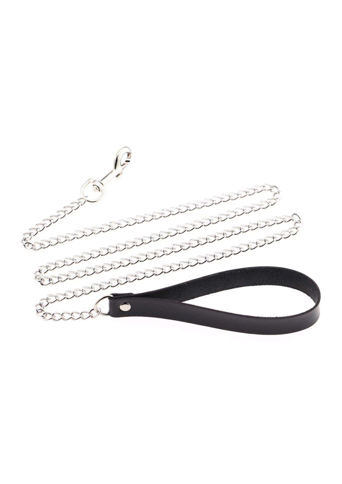 Black ledergriff am silbernen metallverschluss einer kette die choker leine im detail zeigt